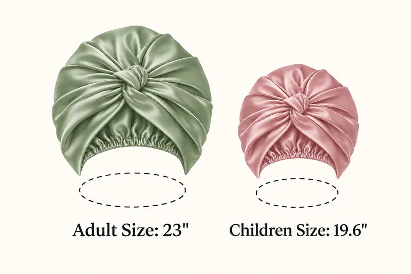 Green adult bonnet and pink child bonnet labeled 23 and 19.6 inches