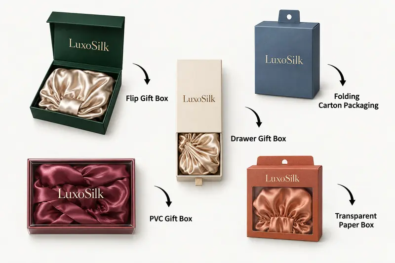 Bonnets displayed in hinged, drawer, window and clear packaging examples