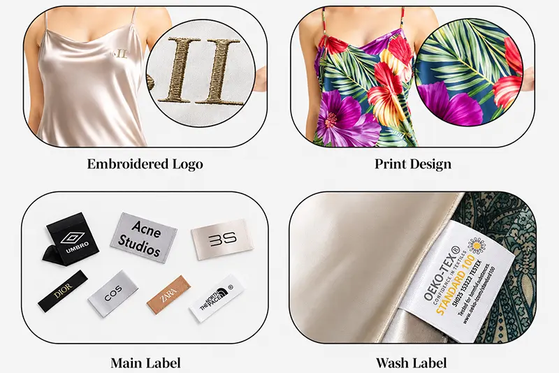 Dress branding examples with monogram embroidery, floral print, brand labels and care labels