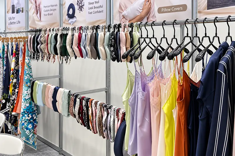 Garment and scarf samples in assorted colors arranged on showroom racks