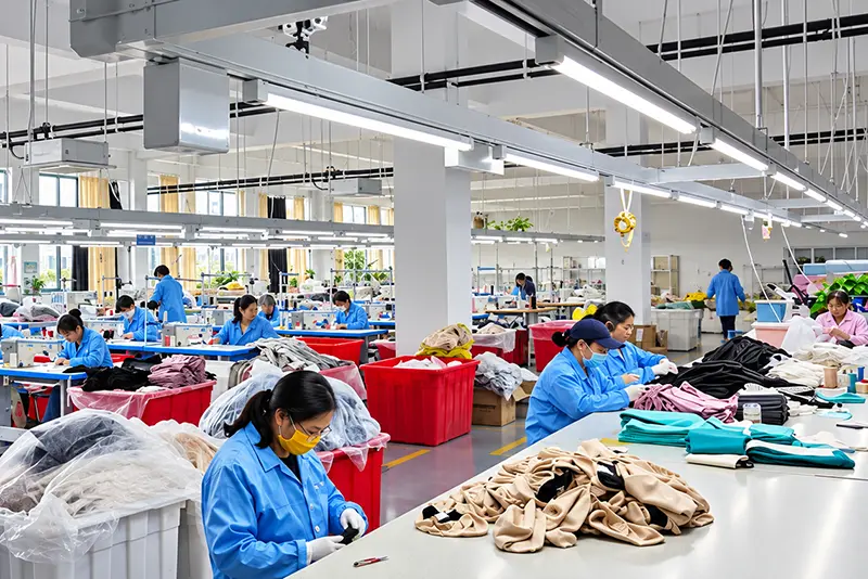 Garment workers sewing and handling fabric pieces at production tables