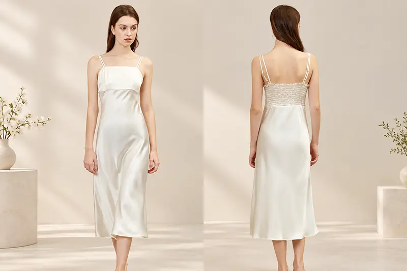 Ivory long silk slip dress with a square neckline and thin straps, shown front and back