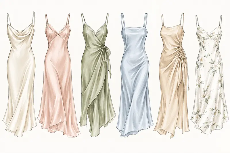 Six illustrated slip dresses with varied necklines, gathers and skirt shapes