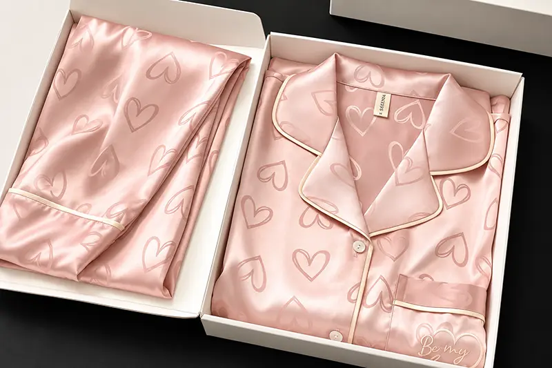 Pink heart-print silk pajama shirt and trousers folded into two gift boxes