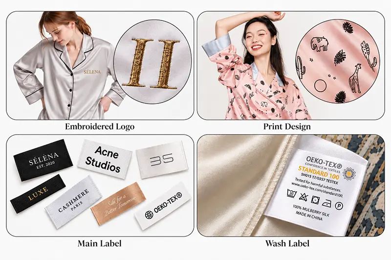 Pajama customization examples showing embroidery, printed fabric, brand labels and care labels