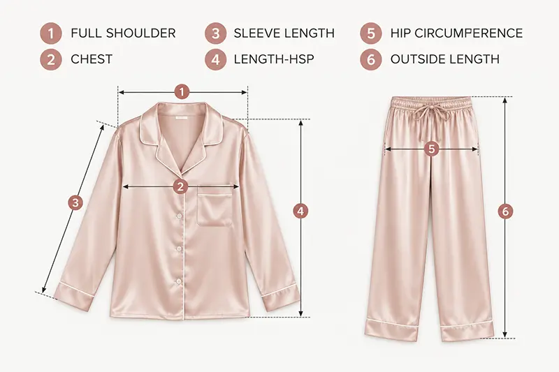 Pajama shirt and trouser diagram with six labeled measurement points