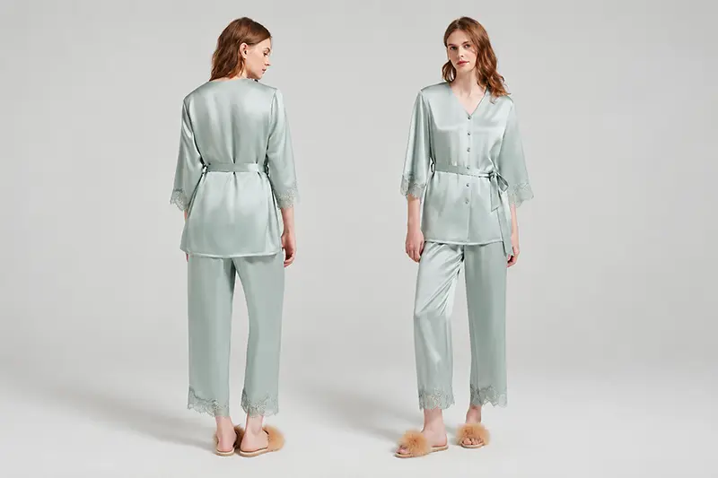 Sage green button-front silk pajama set with a waist tie, shown front and back