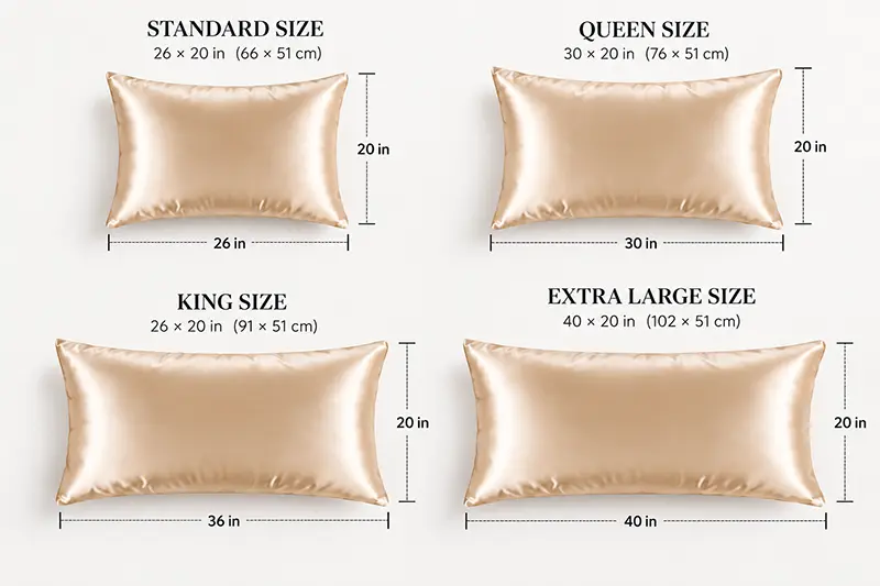Diagram of Standard, Queen, King and Extra Large pillowcase sizes