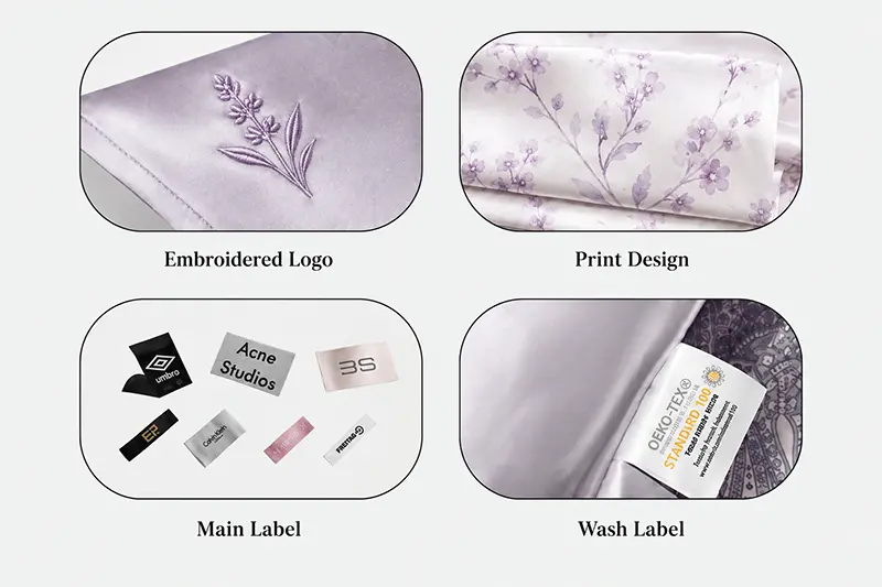 Pillowcase branding examples with floral embroidery, print, brand labels and a care label