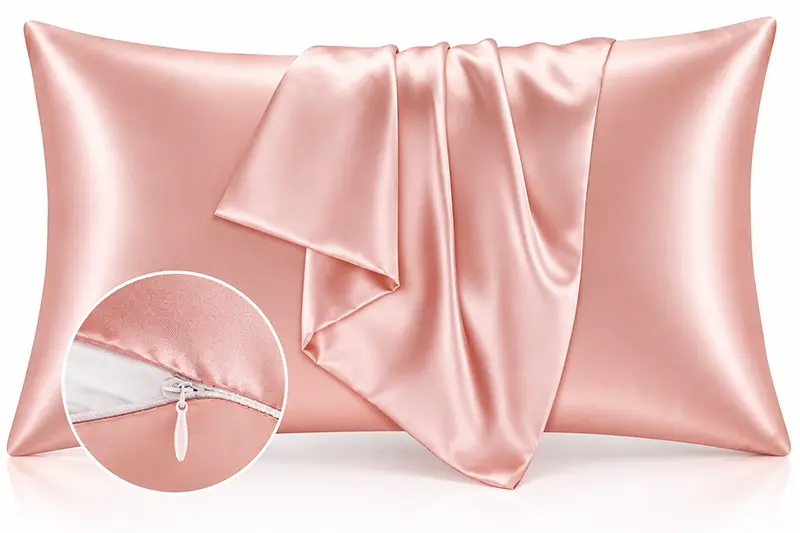 Pink silk pillowcase with a close-up inset of its concealed zipper