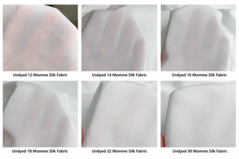 Six pale fabric swatches labeled 12, 14, 16, 18, 22 and 30 momme