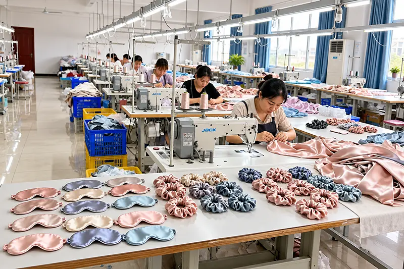 Sleep masks and scrunchies on a foreground table in a sewing workshop