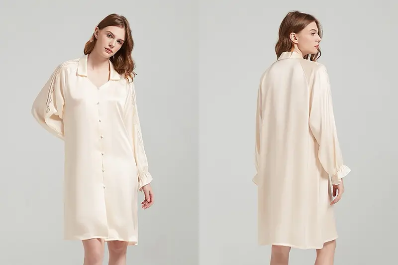 Ivory button-front silk robe with long sleeves shown from the front and back