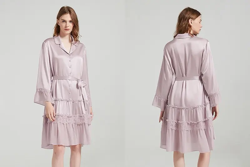 Mauve short button-front silk robe with tiered ruffles shown front and back
