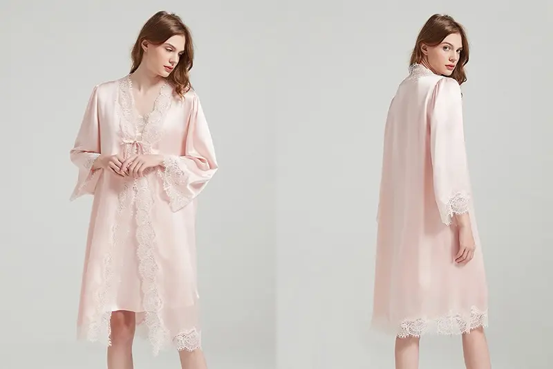 Pink wrap silk robe with loose lace-trim sleeves shown from the front and back