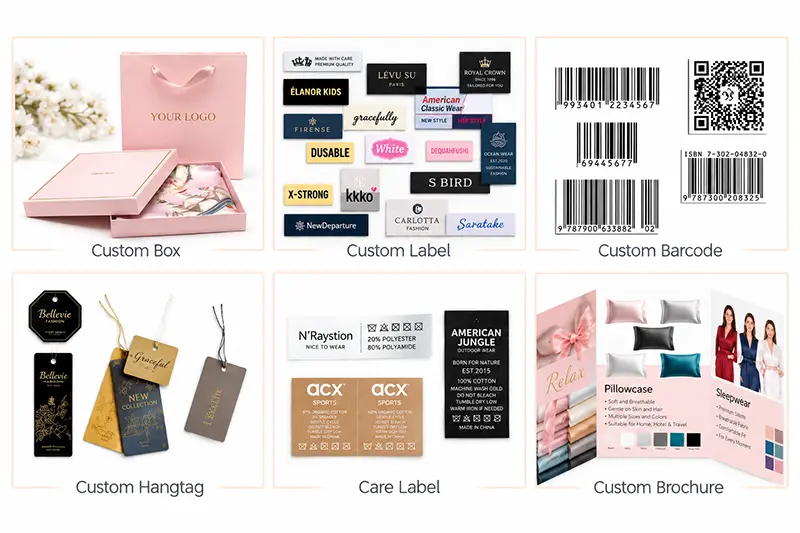 Robe packaging examples with boxes, labels, barcodes, hangtags and printed inserts