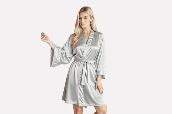 Short silver wrap silk robe with a waist tie and loose sleeves shown on a model