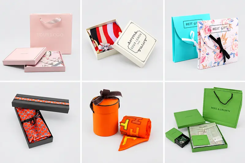 Six scarf packaging examples including flat boxes, a tube and gift bags