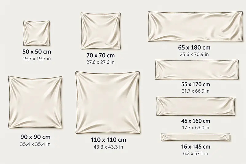 Eight scarf outlines comparing four square sizes and four rectangular sizes