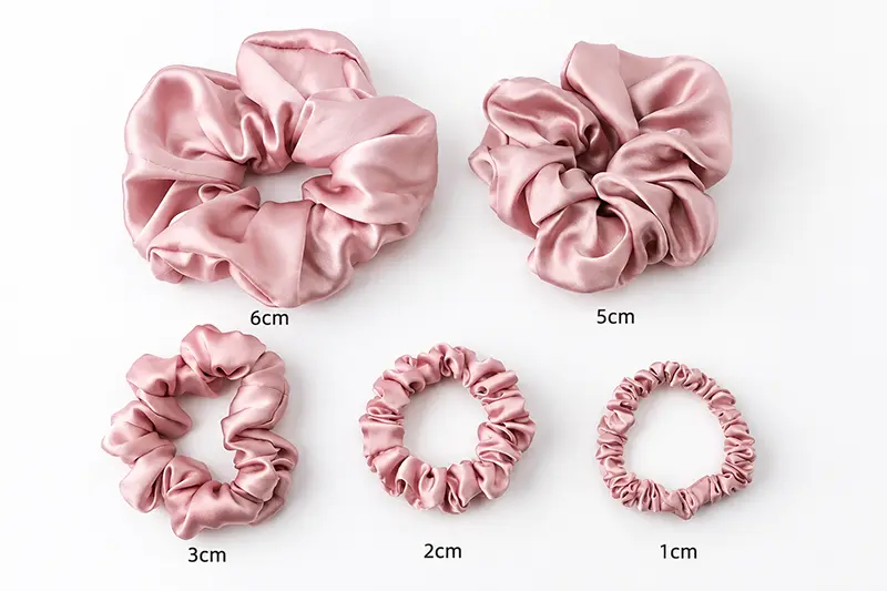Five pink scrunchies comparing fabric widths labeled 1, 2, 3, 5 and 6 cm