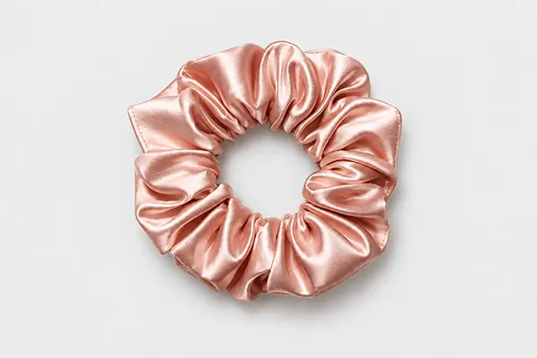 Classic rose pink silk scrunchie with evenly gathered fabric around the elastic opening