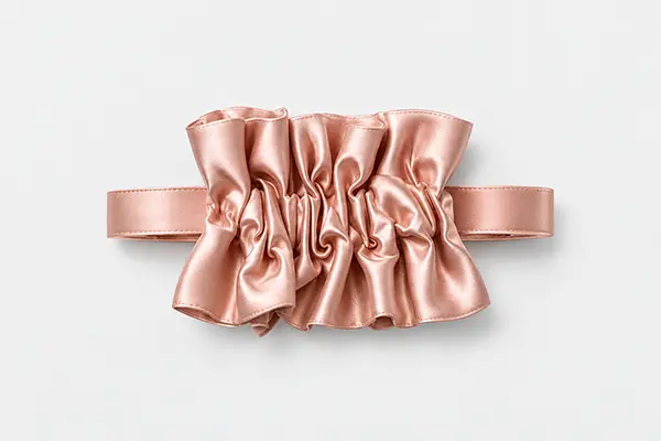 Rose pink ruffled fabric panel attached to a wide matching band