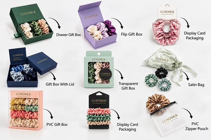 Scrunchies presented in gift boxes, retail cards, satin bags and clear pouches