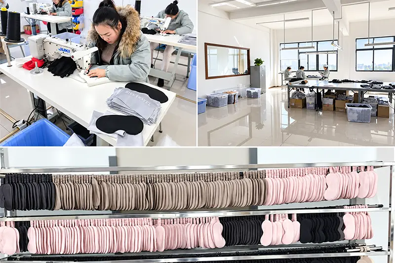 Collage of sewing workstations and rows of accessories in black, beige and pink
