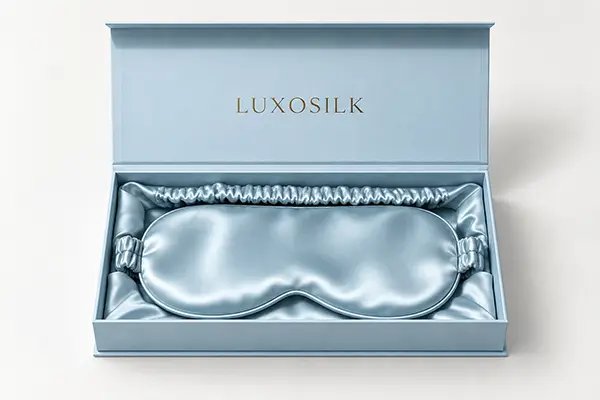 Pale blue silk sleep mask nestled inside a matching hinged gift box