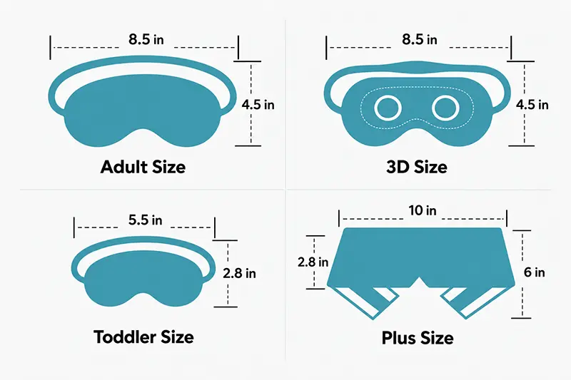 Four sleep mask outlines labeled adult, 3D, toddler and plus size with dimensions