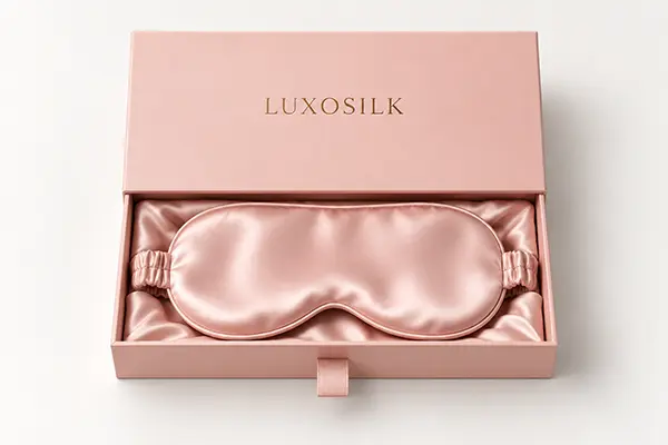 Pink silk sleep mask in a matching drawer-style presentation box