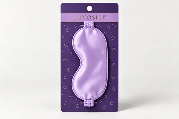 Purple silk sleep mask attached to a branded hanging retail card