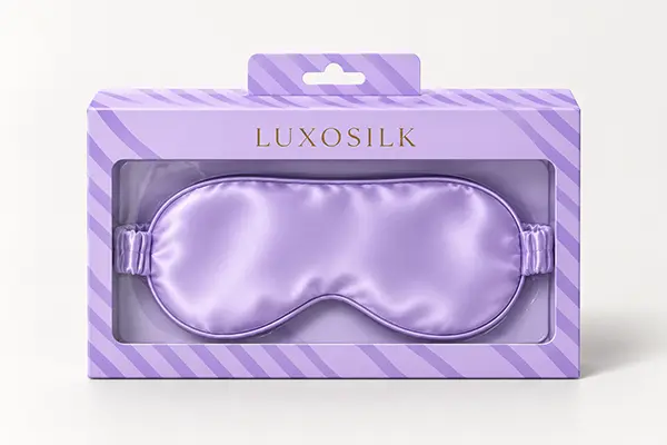 Purple silk sleep mask visible through the front window of a printed carton