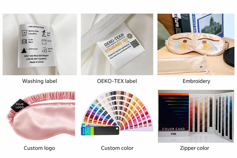 Sleep mask detail collage showing labels, embroidery, logo placement and color references