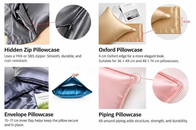 Four pillowcase examples illustrating hidden zippers, Oxford borders, envelope openings and piping