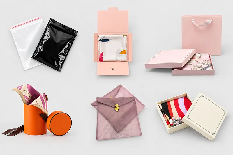 Textile gift packaging examples with boxes, envelopes, bags and a round tube