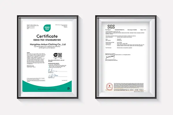Framed OEKO-TEX certificate and SGS report examples for document review