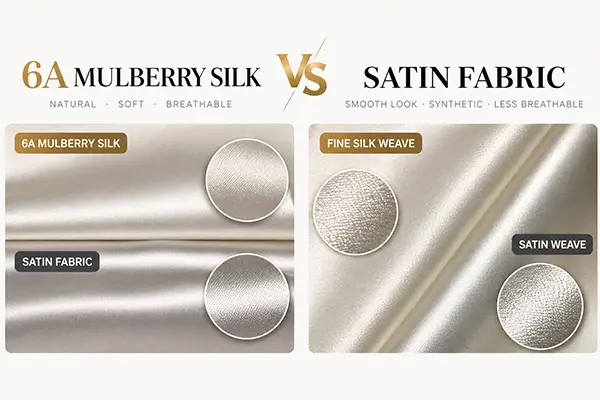 Fabric close-ups in a diagram labeled 6A mulberry silk and satin fabric